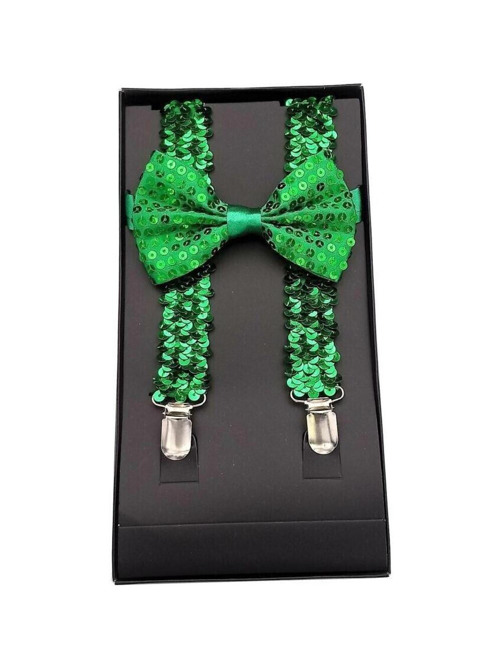 Men AB Elastic Band Green Sequin Suspender With Maching Polyester Bowtie